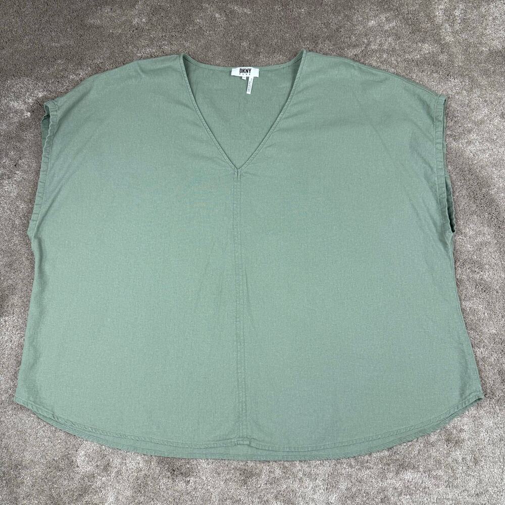 DKNY Pure Size 3X Sage Green V-Neck Oversized Top Linen Rayon Blend Minimalist